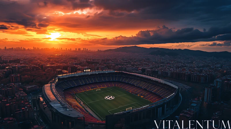 Sunset stadium halo above a city humming with quiet anticipation.