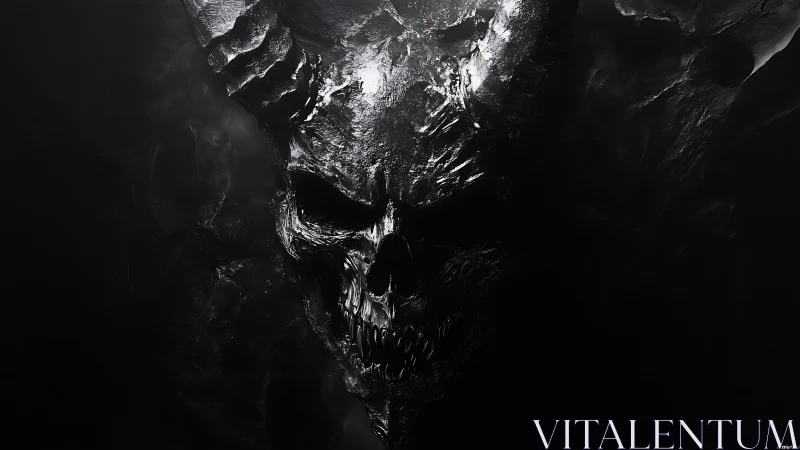 Demonic skull emerges from swirling darkness in monochrome terror.