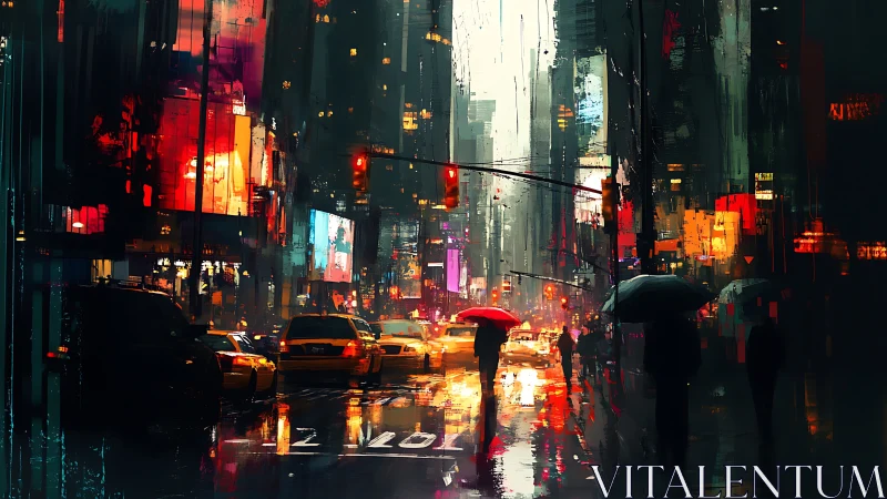 Rain-soaked neon city street reflects blazing urban lights.