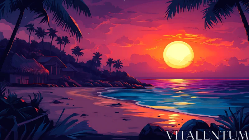 Sunset glow over a quiet tropical beach hideaway.