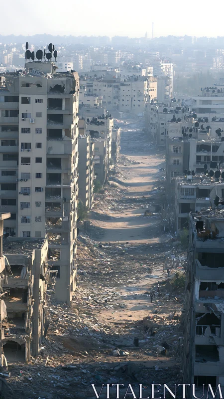 Destroyed urban street corridor shows severe structural damage