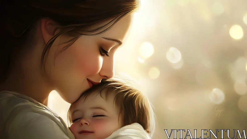 Mother's Tender Moment with Sleeping Infant in Warm Light