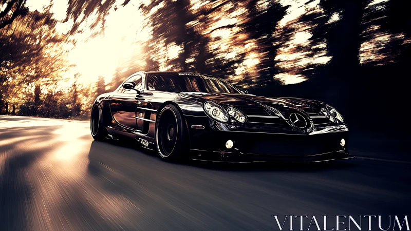 Black sports coupe moves along forest road at high speed