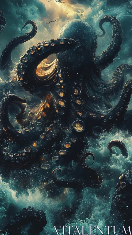 Stormlit sea kraken swirling through glowing ocean depths.