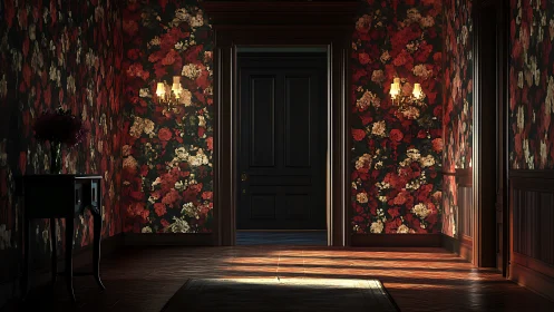 Floral wallpapered hallway glows in moody evening light.