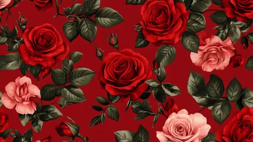 Red and Pink Roses Blooming on Crimson Background.