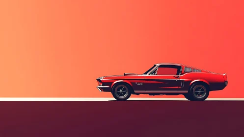 Red classic muscle car profile on bold sunset gradient background.