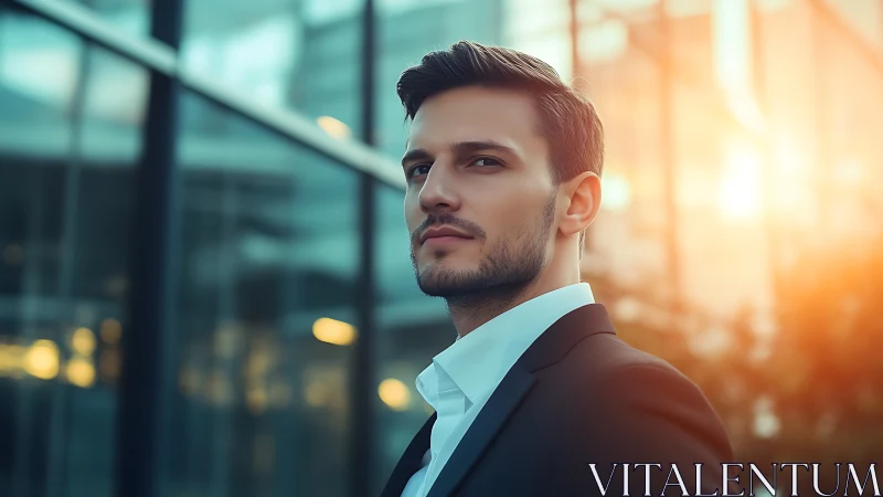Man in business attire stands near glass building at sunset