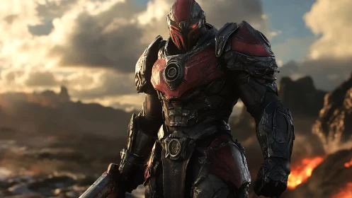 Armored sci fi warrior stands in volcanic wasteland environment.