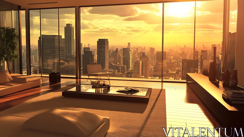 Sunlit penthouse living room overlooks golden city skyline.