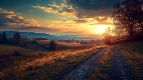 Country dirt road glows under cinematic golden sunset sky.