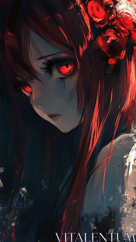 Crimson-eyed girl in shadowed portrait with scarlet roses.