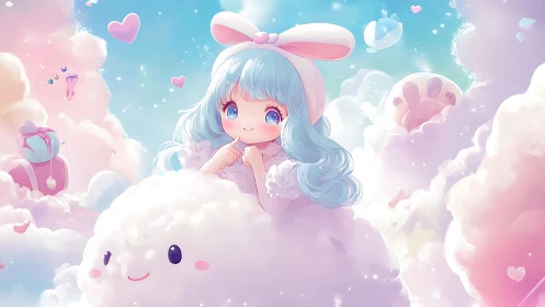 Pastel cloud scene with blue-haired girl and soft shapes.