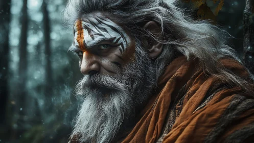 Elder warrior with tiger face paint in misty forest scene.