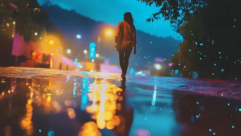 Silhouette walks along neon lit rainy street at blue hour