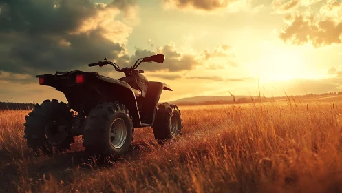 Golden hour ATV waits quietly in a wide open country field
