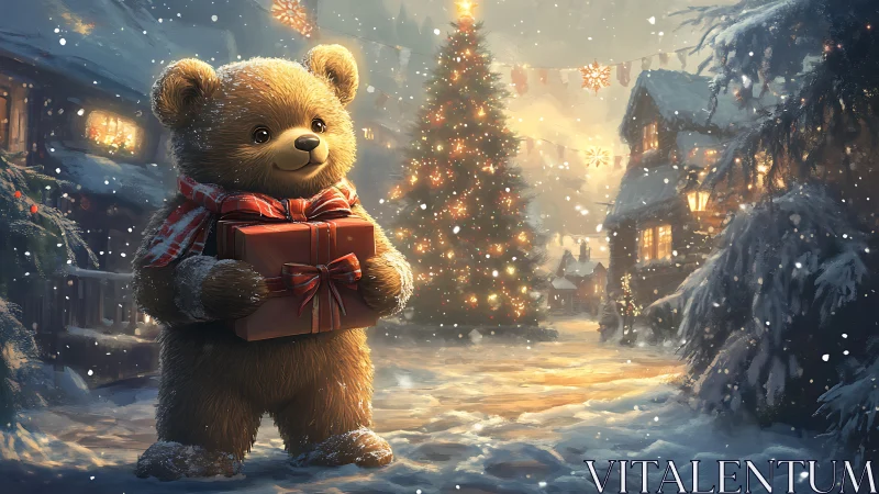 Digital painting of festive teddy bear in snowy village square.