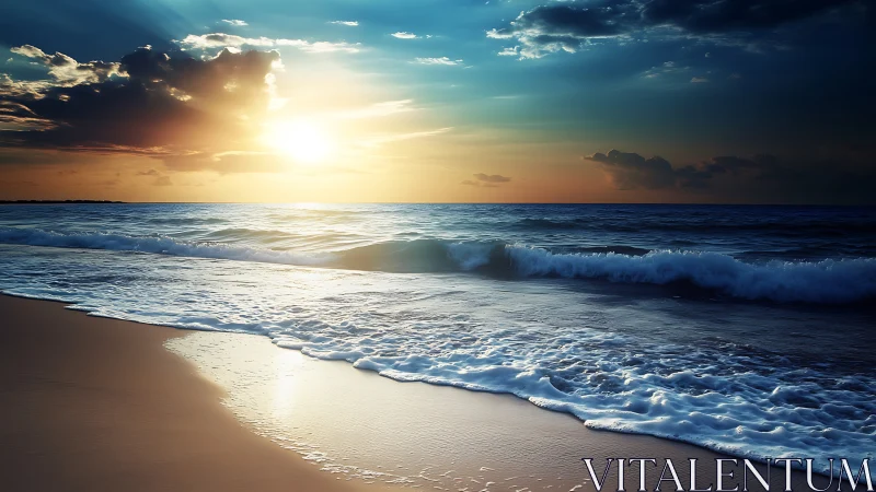 Sunset light intersects low waves along a smooth shoreline