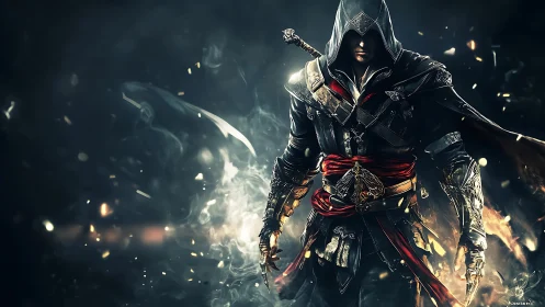 Digital painting of hooded rogue warrior in molten chiaroscuro armor.