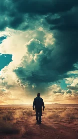 Solitary figure under towering cumulonimbus over desert track.