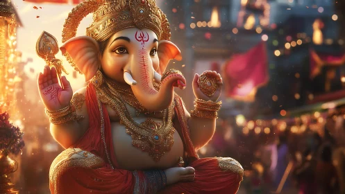 Luminous digital Ganesh idol with ornate festival bokeh field.