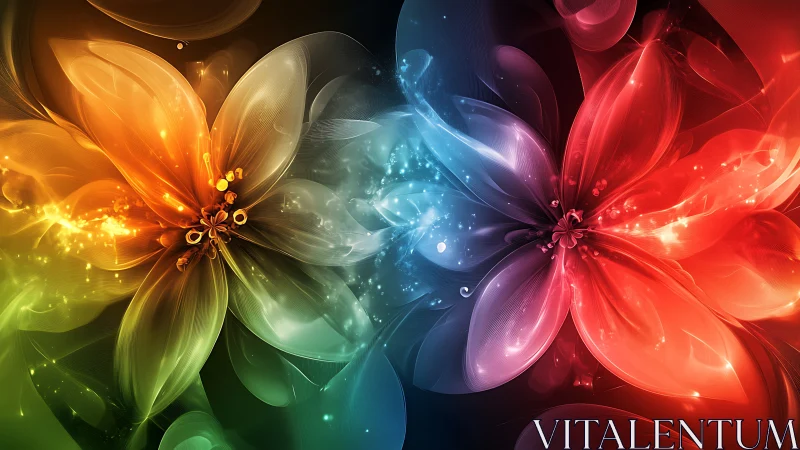 Glowing twin blossoms swirling in luminous rainbow light.