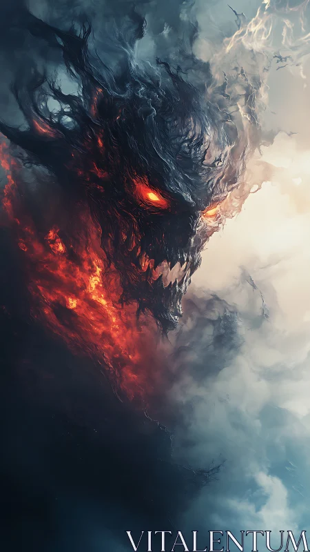 Infernal smoke demon erupts through storm-torn clouds.