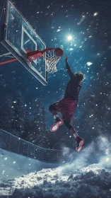 Basketball player executes dynamic dunk in snowy nocturnal court