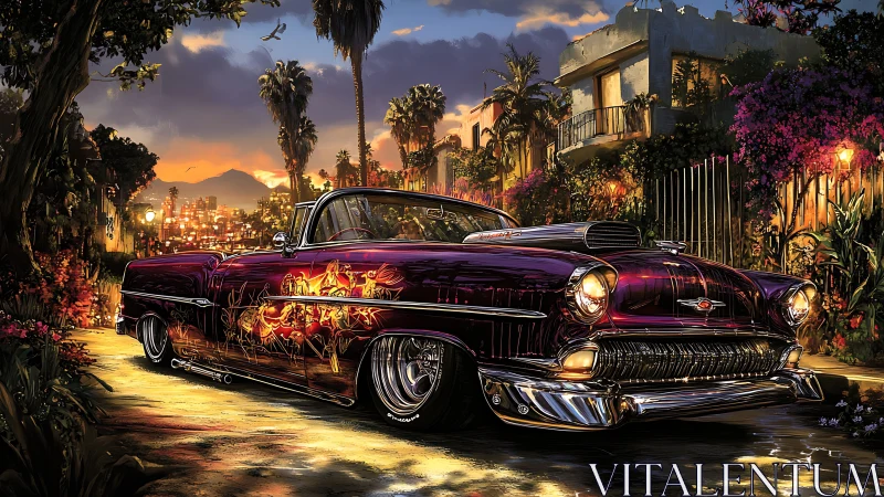 Sunset cruise with a gleaming classic lowrider car.