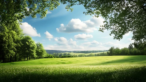Sunlit green meadow extends beneath scattered summer clouds