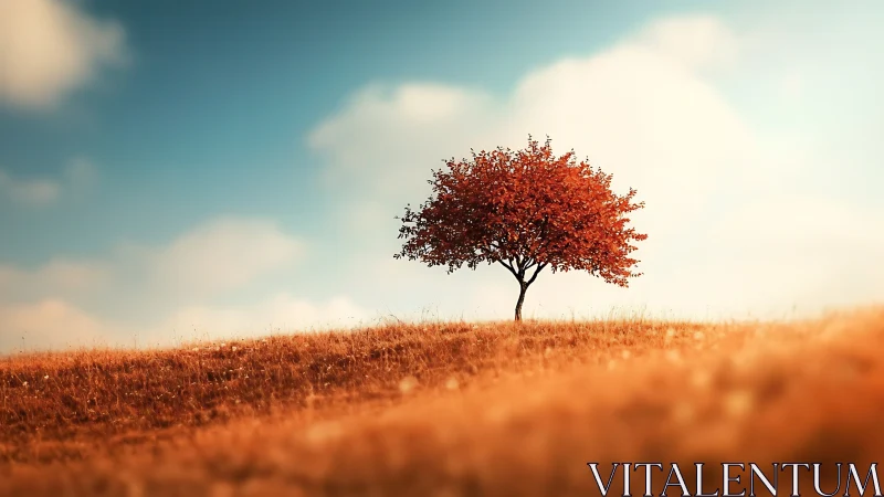 Lone tree on autumn field with warm sunlight, dreamy landscape style.