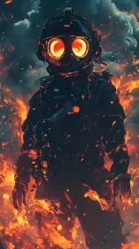 Flame-wreathed soldier in glowing visor amid storm clouds.