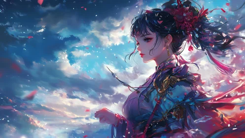 Warrior maiden gazes across luminous wind-swept sky.