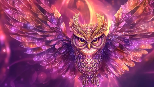 Radiant jeweled owl ascending through luminous nebulae.