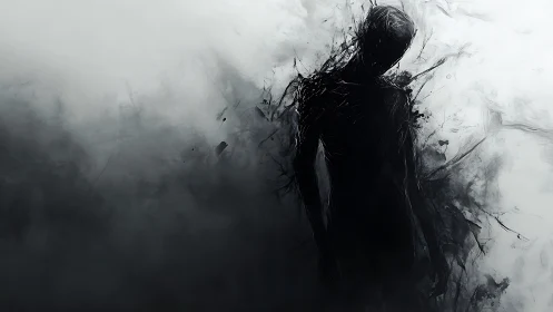 Shadowed human silhouette emerging within abstract smoke.
