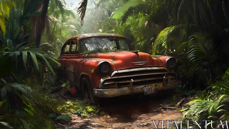 Rusting vintage sedan swallowed by dense jungle foliage.