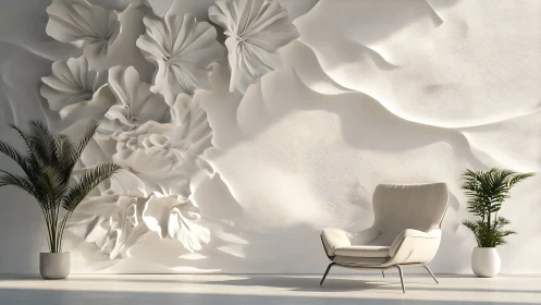 Modern lounge chair against sculpted white floral wall art.