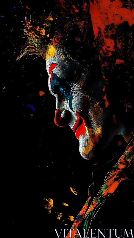 Side profile of painted clown in dark abstract space.