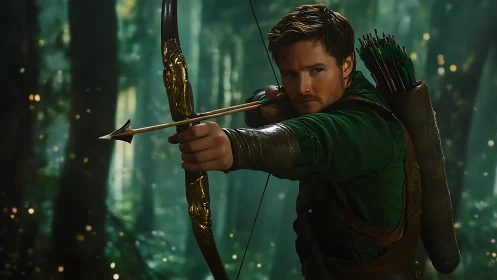 Male archer drawing bowstring in dense green forest setting.
