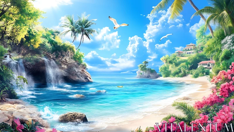 Tropical Coastal Cove with Waterfall and Beach.