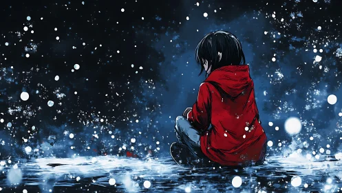 Child in red jacket seated in snowfall on dark ground.