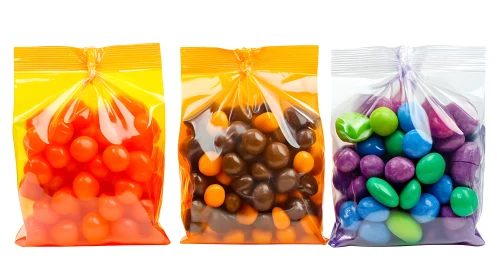 Three sealed bags containing spherical and ellipsoidal confectionery items