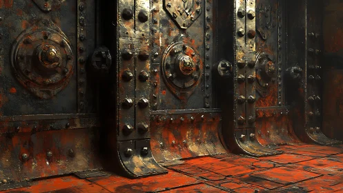 Rusted industrial steel doors display heavy riveted plating