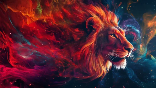 Stellar-maned lion drifts through nebulae in molten color