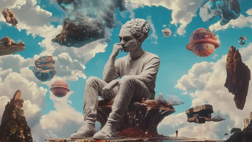 Stone figure contemplates amid floating islands and planets