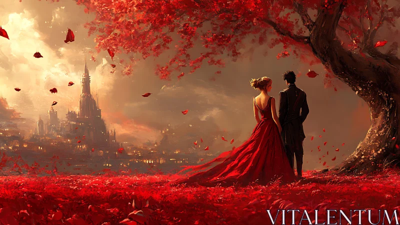 Romantic Figures Beneath Crimson Canopy with Castle Landscape.