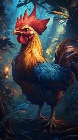 Rooster with Red Plumage in Forest Environment.