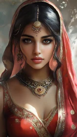 Regal portrait of ornate bride in luminous red sari.