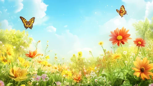 Spring Wildflower Meadow with Swallowtail Butterflies and Cumulus Sky