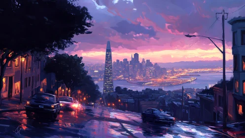 Vibrant hilltop city street overlooking glowing bay skyline.